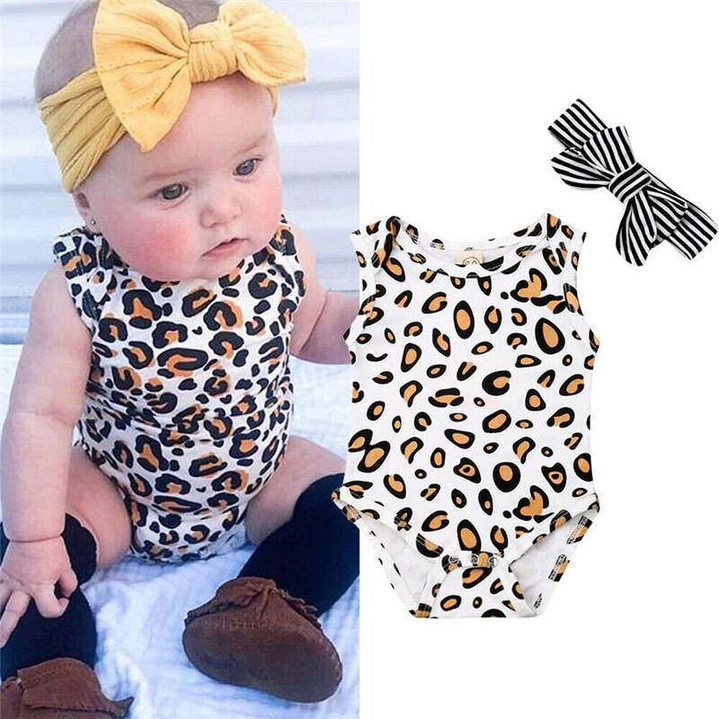 Zomer Baby Jumpsuits 3-12M Peuter Pasgeboren Baby Jongen Meisje Katoenen Romper Jumpsuit Luipaard Outfits Kleding + Hoofdband