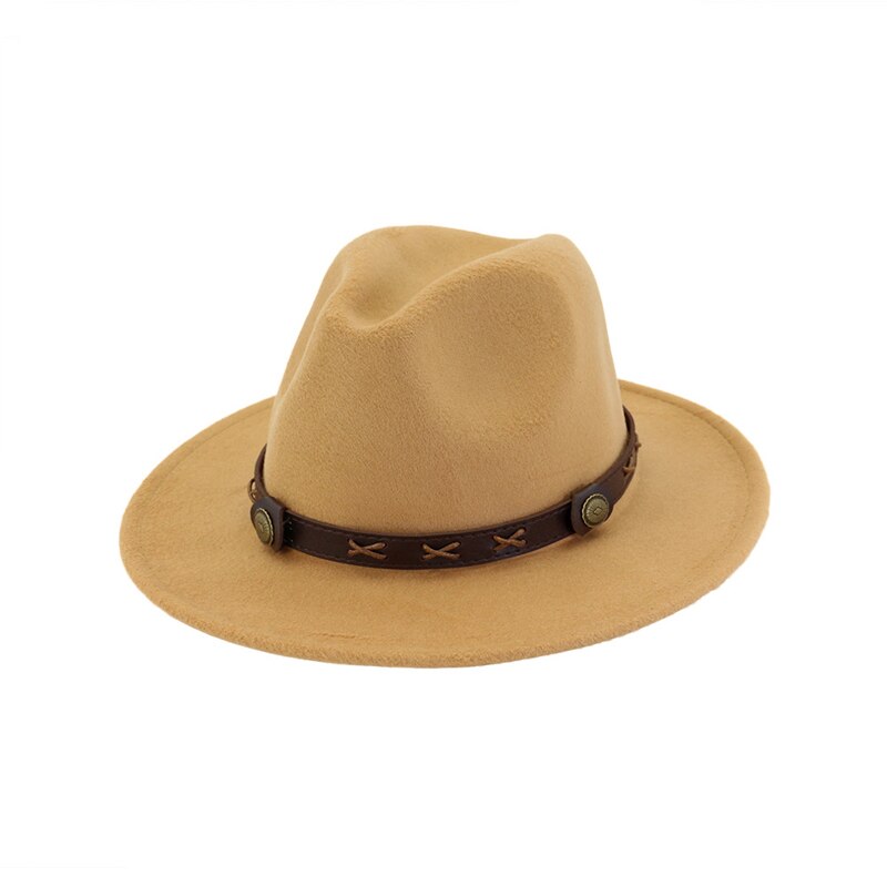 QBHAT uomo donna cappelli Fedora Jazz in feltro di lana tinta unita con cinturino in pelle marrone cappello da Cowboy a tesa larga cappello verde Trilby Panama per la festa: Camel