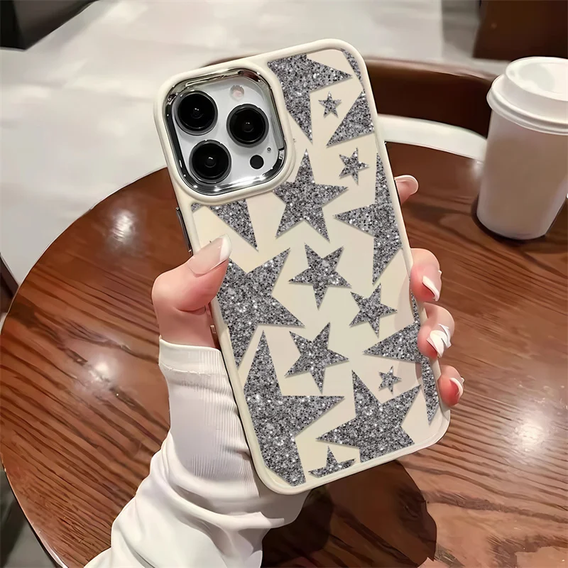 Funda de teléfono plateada con de estrella de cinco puntas para IPhone 16e 15 Pro 16 14 13 12 11 Pro Max 7 8 PIus XR, funda de silicona con marco de Metal