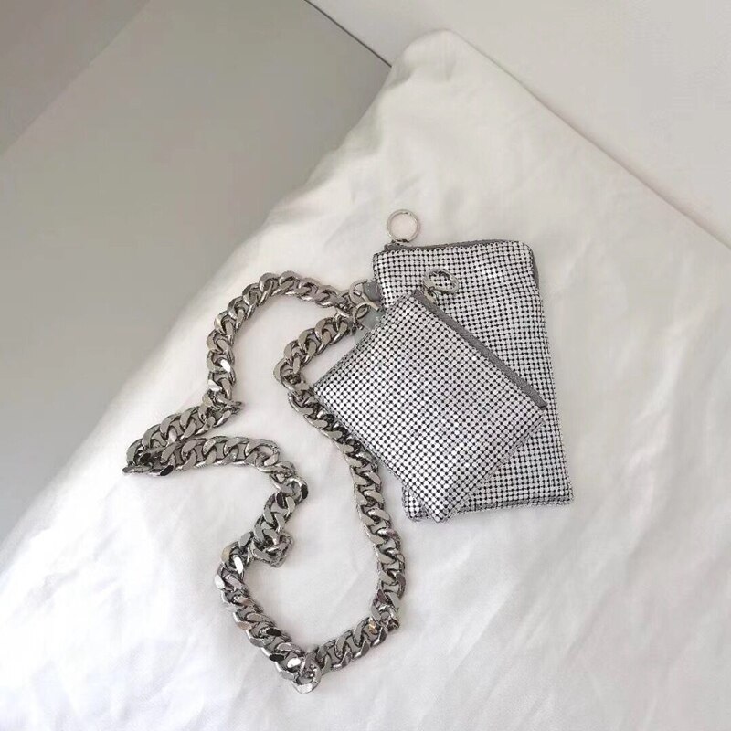 Tung industri metal tre-i-en dame sølv tyk kæde pailletter mobiltelefon taske hængende hals taske messenger bag kanal