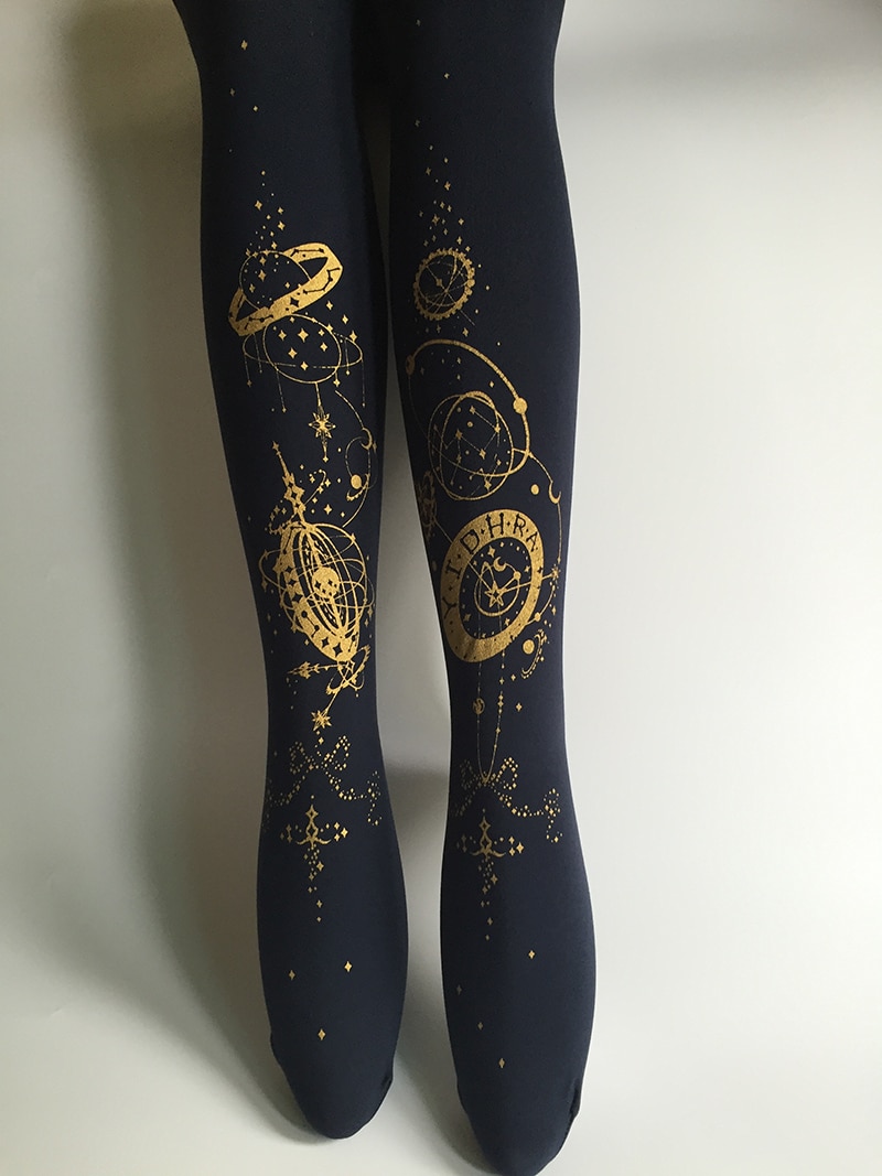 Yidhra The Gate of Rolling Star Series Steampunk Style Lolita Tights Gothic Black and Gold Pantyhose Limited Edition