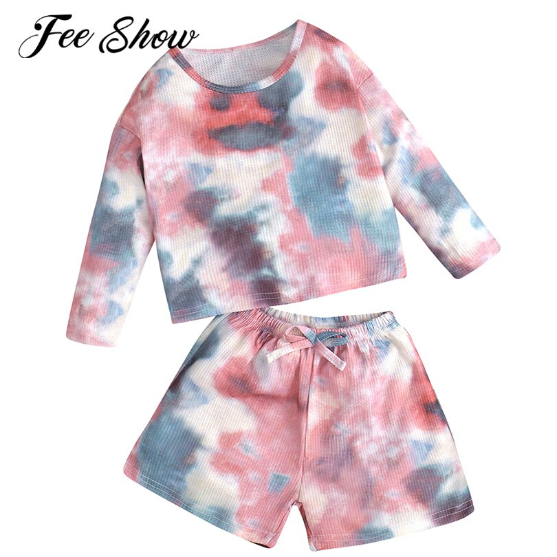Girls Casual Sports Outfit Tracksuits Dance Workout Suit Kids Sportswear Long Sleeves Tie Dye Print Tops and Shorts Sets