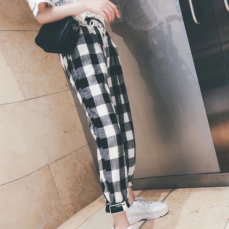 ROPALIA Women Autumn Casual Pants Clothes Black White Plaid Female Harem Pants Loose Drawstring Pants Clothing