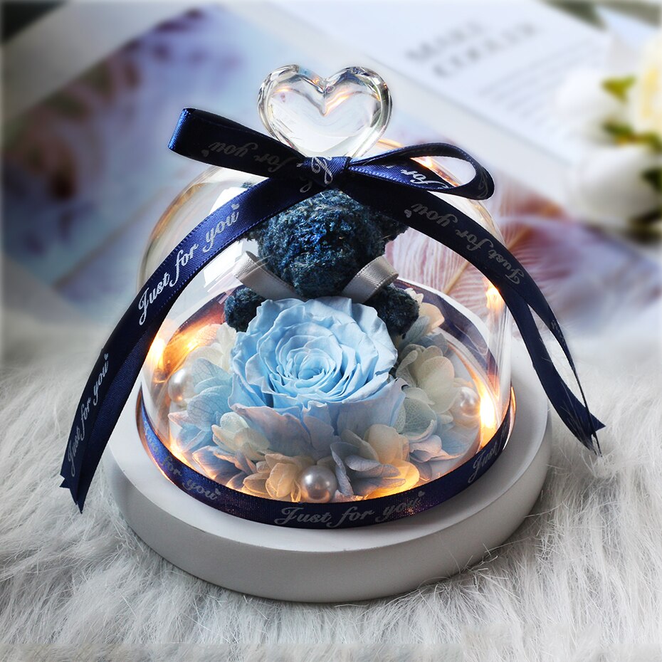 Getrocknete Blumen Ornamente Erhalten Rosen Bears in Glas Abdeckung mit Lichter Hochzeit Weihnachten Neue Jahr Wohnkultur für Mädchen: B31