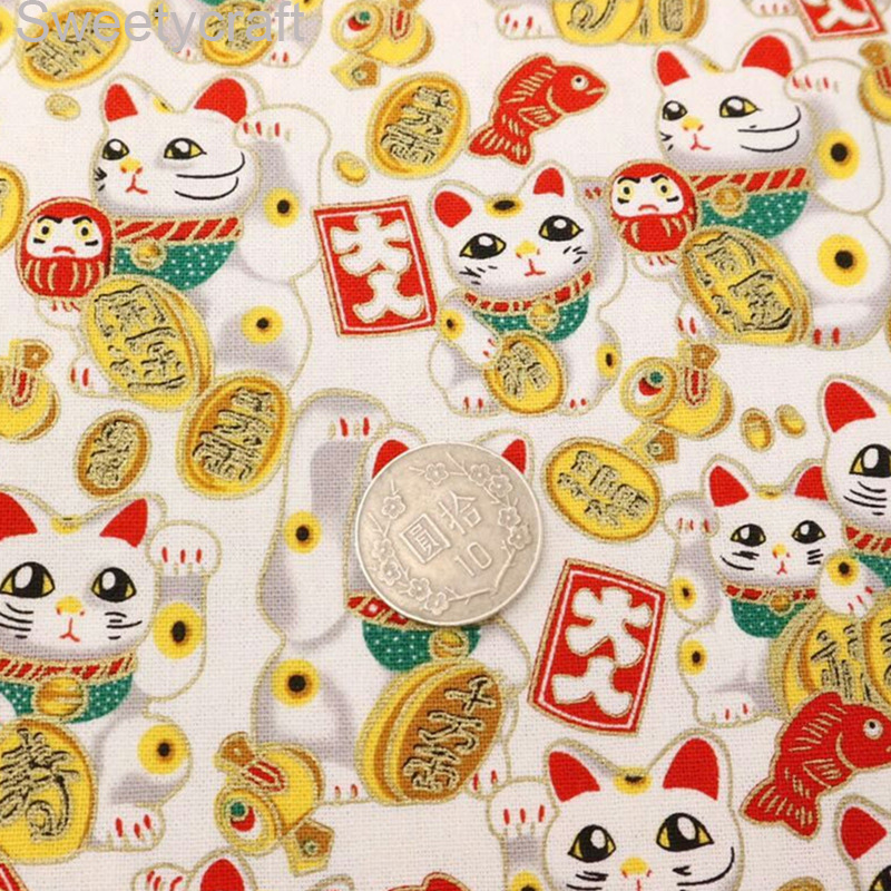 110*45cm halve gård 100%  bomuldsstof brise bronzing vinkende kat print gør-det-selv håndlavet sytaske dekoration ark tissue klud: Bomuldsstof -3