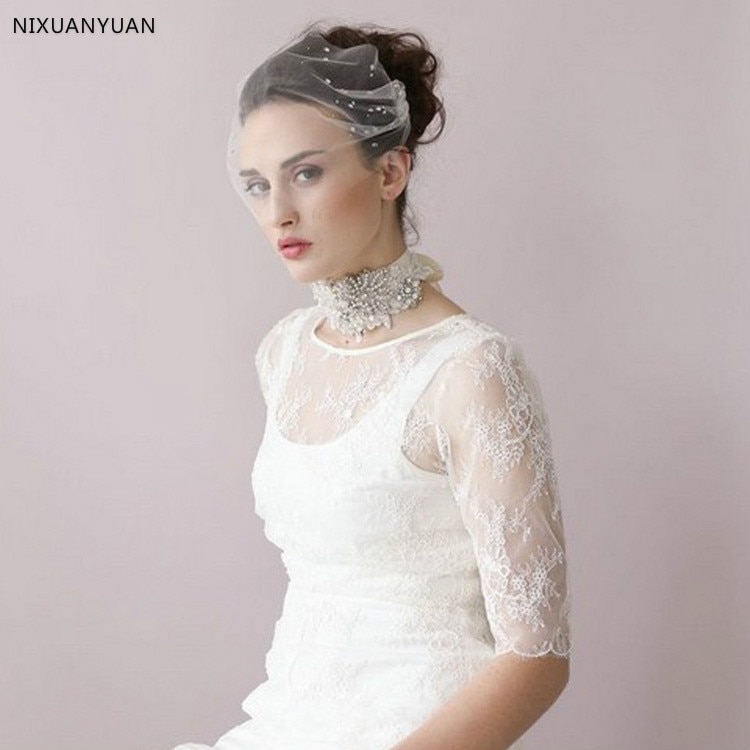 Beautiful Wedding Hat Veils Tulle Adult Bride Hats With Pearls Bridal Short Face Veil Lace Hat