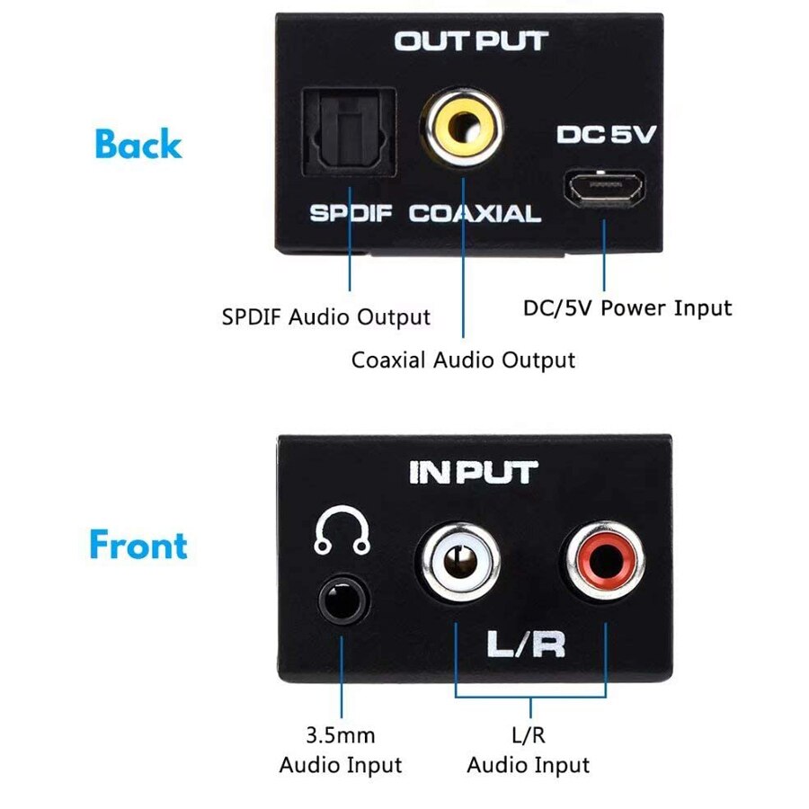 R/L RCA 3.5mm AUX Analog to Digital Audio Converter Coaxial Toslink Optical Audio Adapter with Optical Cable Coaxial Cable