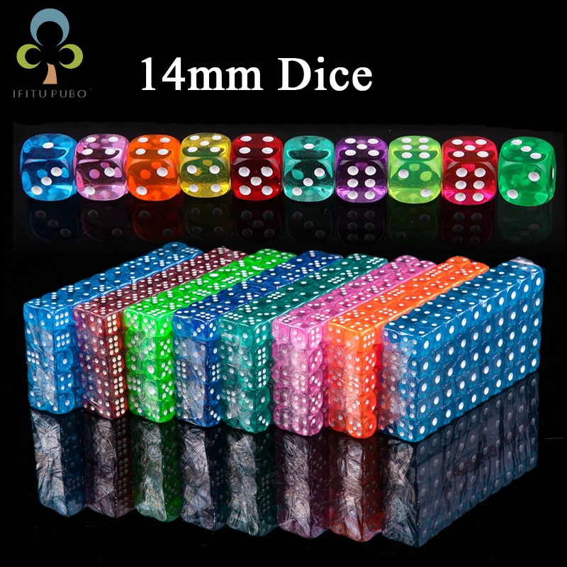 10pcs 14mm Clear Colorful Dice Transparent Dices for Board Game Bar Cambling Playing Rpg Game Club Party Accessories GYH