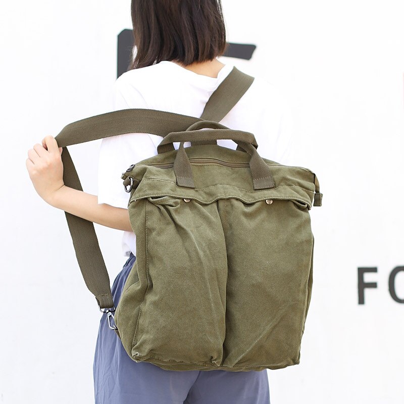 Unisex Multi-functional Canvas Handbag Man Women Big Capcity Multi-pocket Bag School Fabric Eco-friendly Book Bag: Green