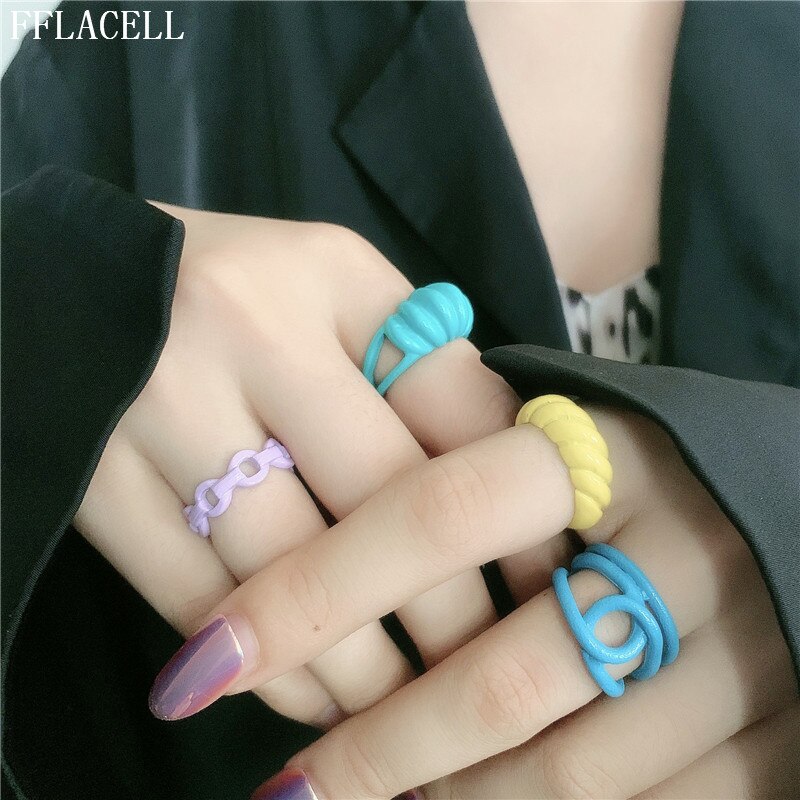 FFLACELL , nueva de Corea, anillos abiertos irregulares pintados a mano con Anillos geométricos de aceite de goteo colorido a la para mujer, joyería de
