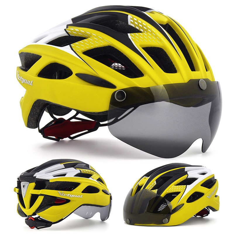 Victgoal adultos capacete da bicicleta capacete com destacável magnético óculos de proteção &amp; segurança led luz traseira ciclismo capacetes das mulheres dos homens: Yellow Helmet