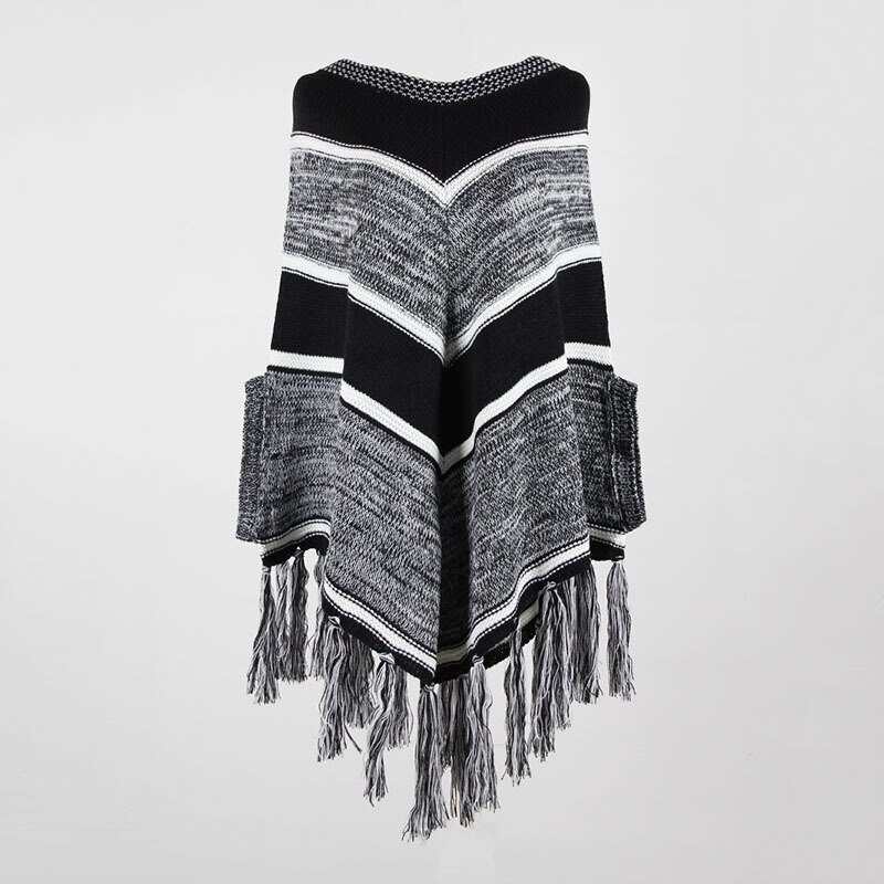 Autumn winter strip Cloak shawl Pullover knitted sweaters women Fringed cloak shawl geometric color matching sweaters women: Navy Blue