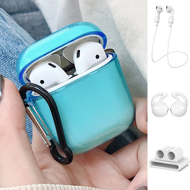 2/5PSC clear case for airpods case cute protective cover for airpods 2 with earplug Anti-lost rope sport case for airpods 2 case: Set B light blue