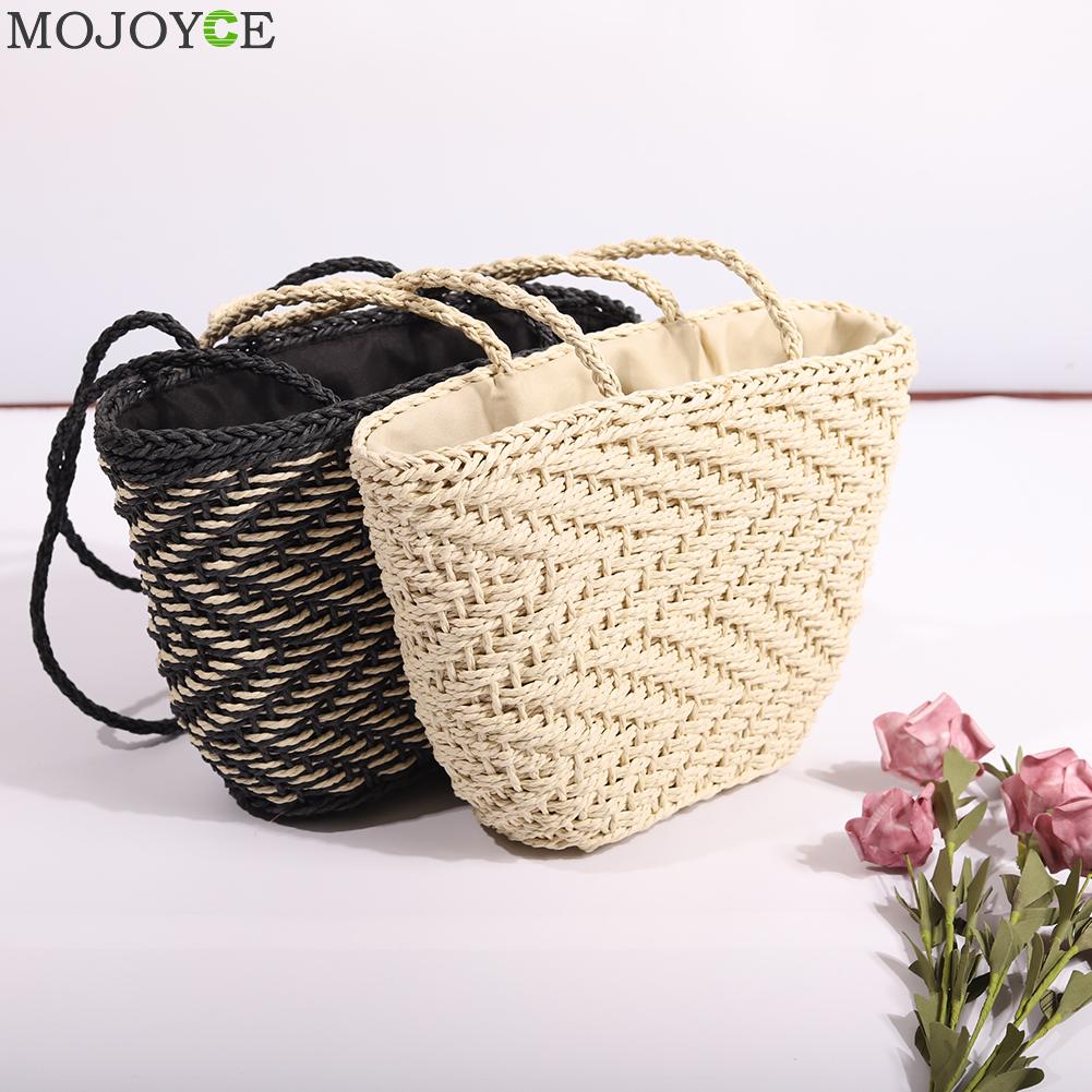 Vintage Straw Shoulder Weaving Bucket Beach Bag Women Woven Rattan Small Beach Summer Bucket Totes Handbags