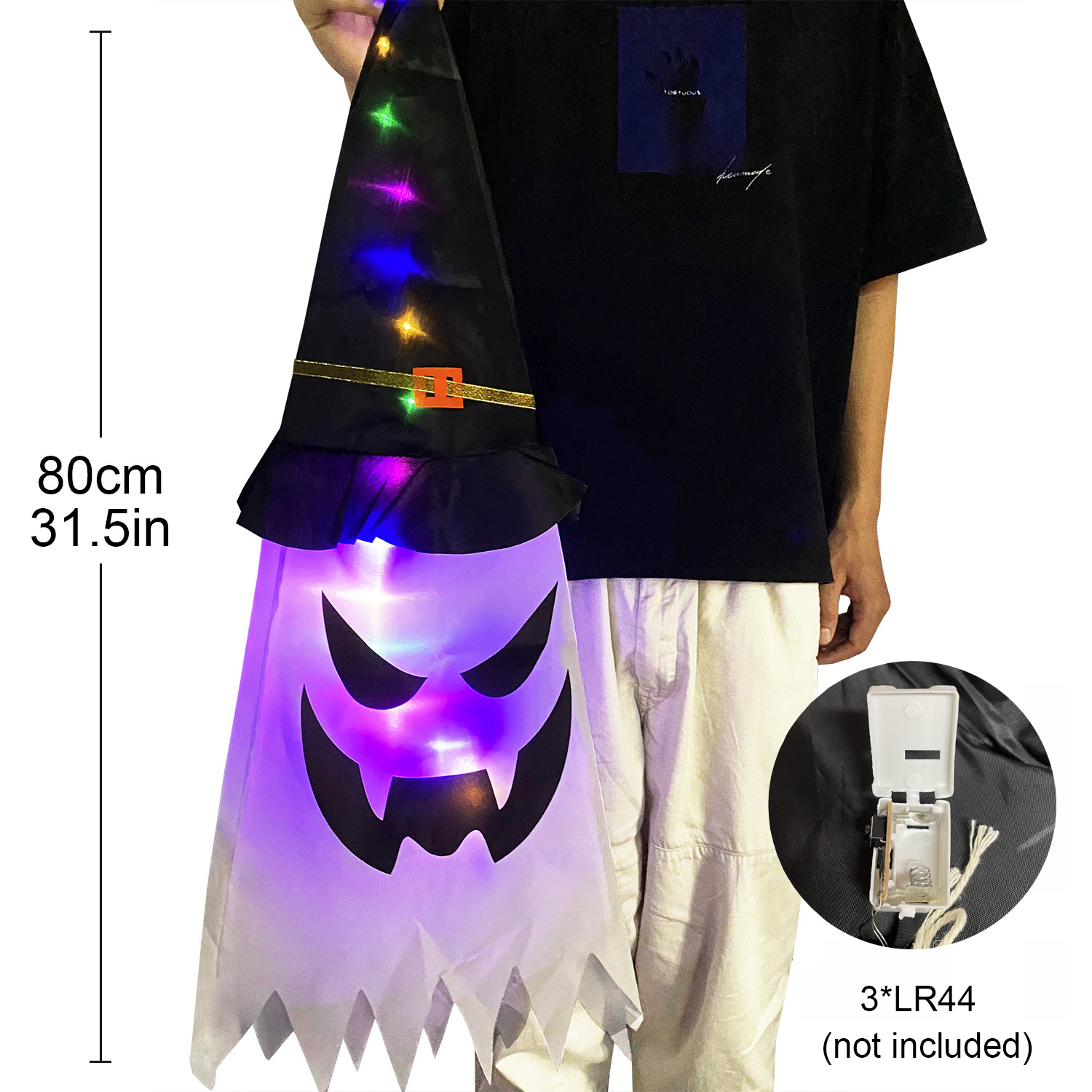 45-80cm led halloween-dekorasjon blinkende lys gypsophila spøkelsesfestival kle seg glødende trollmannsspøkelseshattlampe hengende dekor: Klar