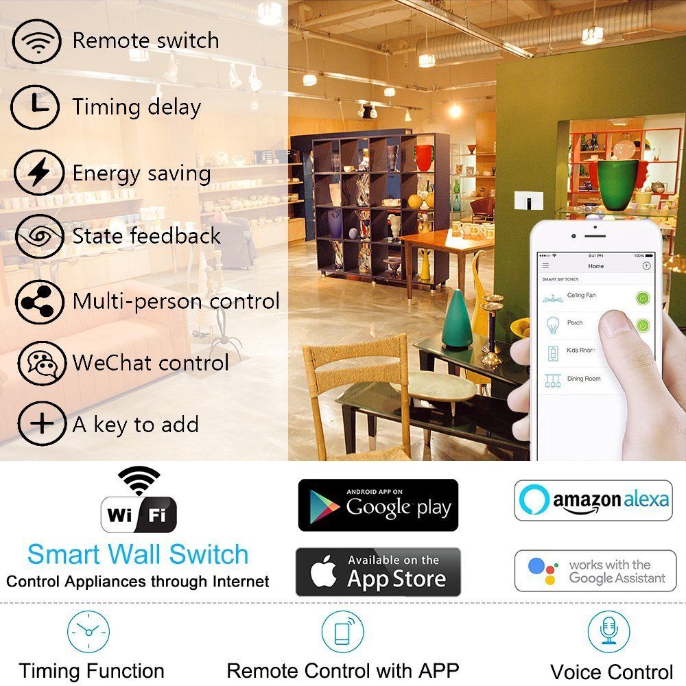 Interruptor de luz inteligente SHGO para Alexa WiFi, interruptor de pared inalámbrico On/Off, sincronización, Control de aplicación remota por voz, Compatible