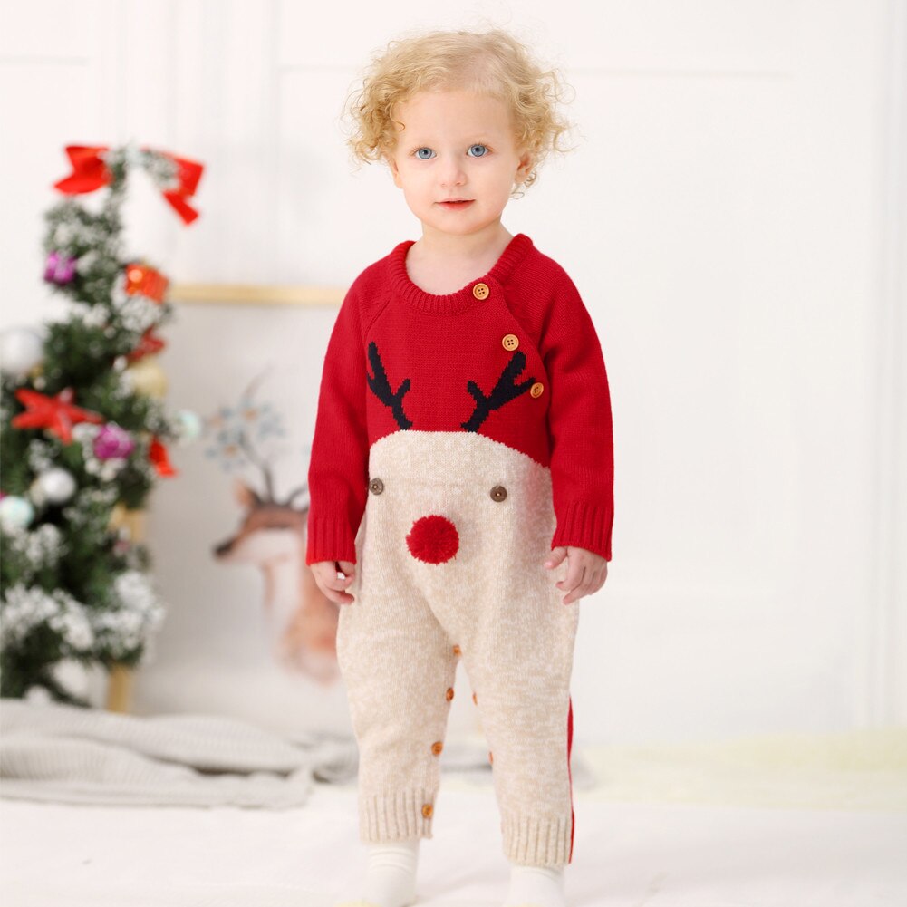 Xmas baby børn bodysuit spædbarn romper sweater jumpsuit dreng pige hjorte strik: Rød / 3m