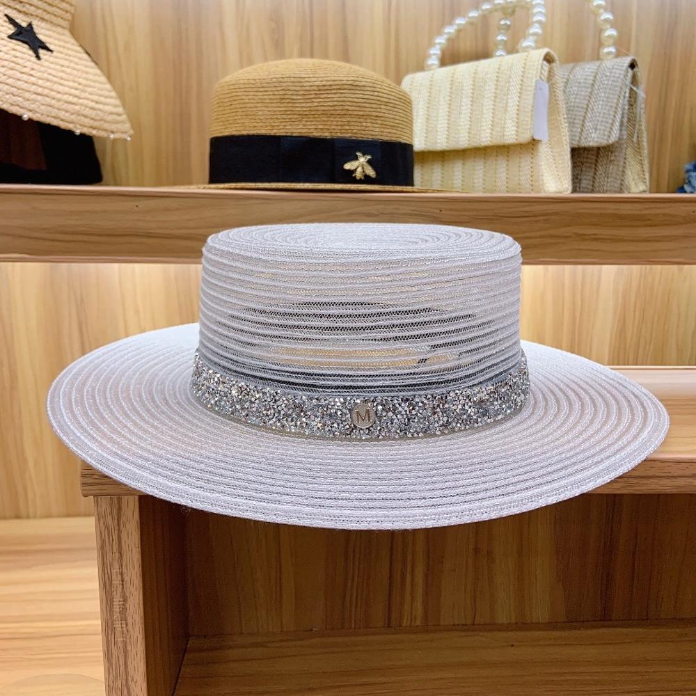 Klassieke Vrouwen Zon Hoeden Opvouwbare Ademend Wit Zwart Kerk Hoed Voor Dames Rhinestone Band Zomer Hoed Platte Schipper Strand Hoed: WHITE