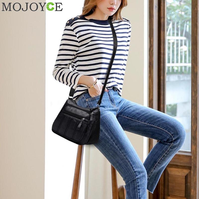 Messenger bag kvinner pu lær stor kapasitet multi lomme glidelås skulder håndveske ren farge uformelle crossbody vesker