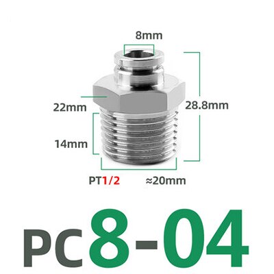 PC 1/8" 1/4" 3/8" 1/2" BSP external thread 304 stainless steel pipe pneumatic quick coupling trachea hose quick coupling: PC8-04