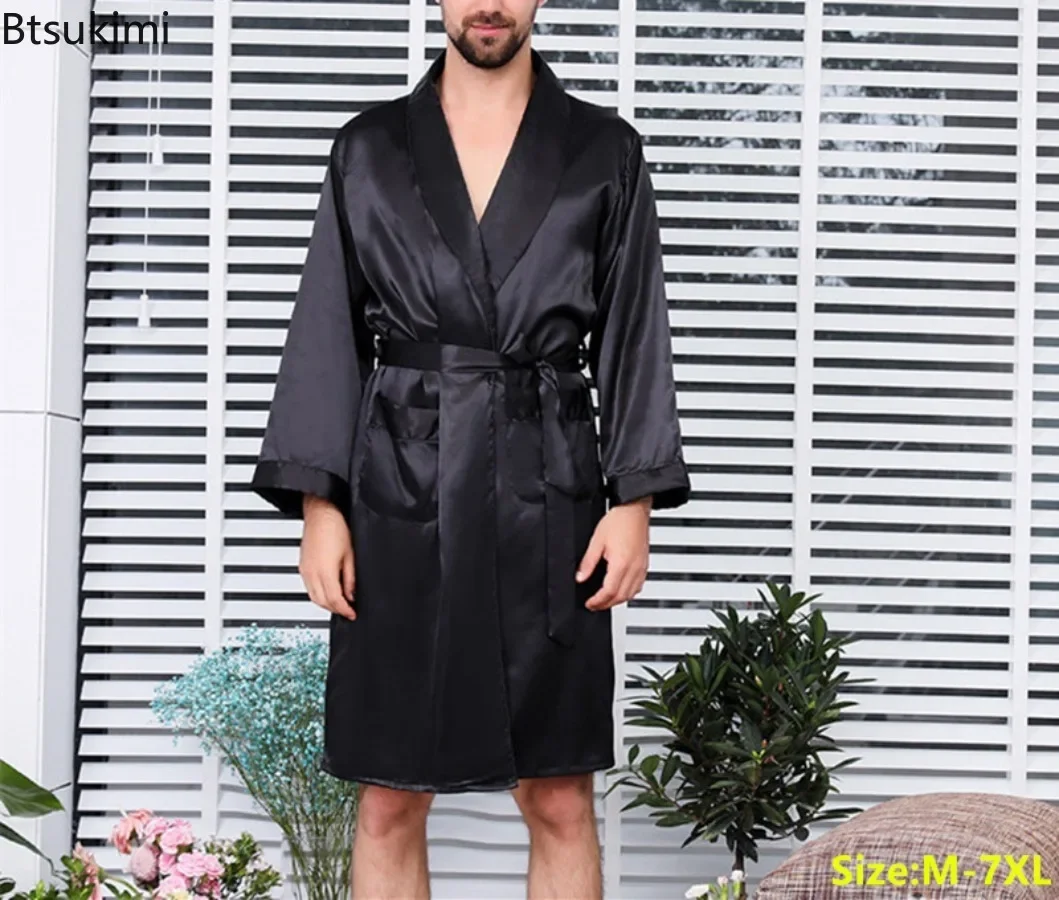 2025 pijamas finos de verano para hombre, batas de casa para hombre, albornoz tipo kimono de manga larga, ropa de dormir de satén de seda negra, ropa de dormir para salón para hombre