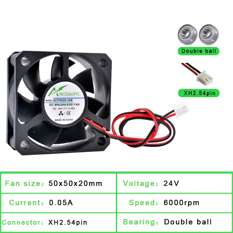 ACP5020 5Cm 50Mm Fan 50X50X20Mm DC5V 12V 24V 2pin Koelventilator geschikt Voor Chassis Voeding Lader Printer Inverter: 24V Double ball