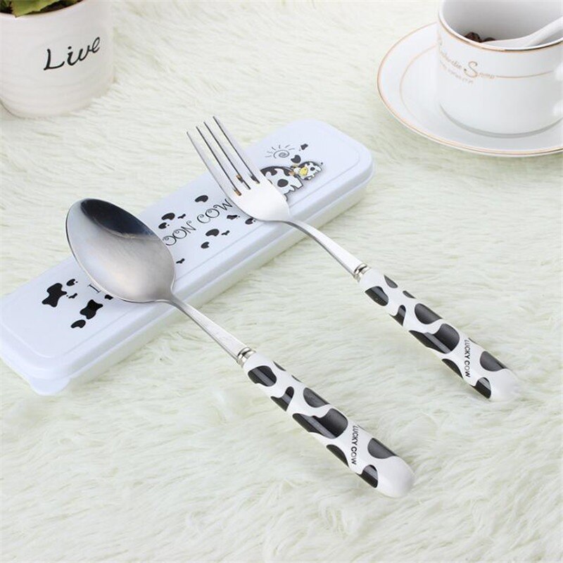 Baby Kids Cute Fork Spoon Cutlery Set Cartoon Ceramic Handle Stainless Steel Children Chopsticks Fork Cutlery Portable Tableware: Black 2pcs