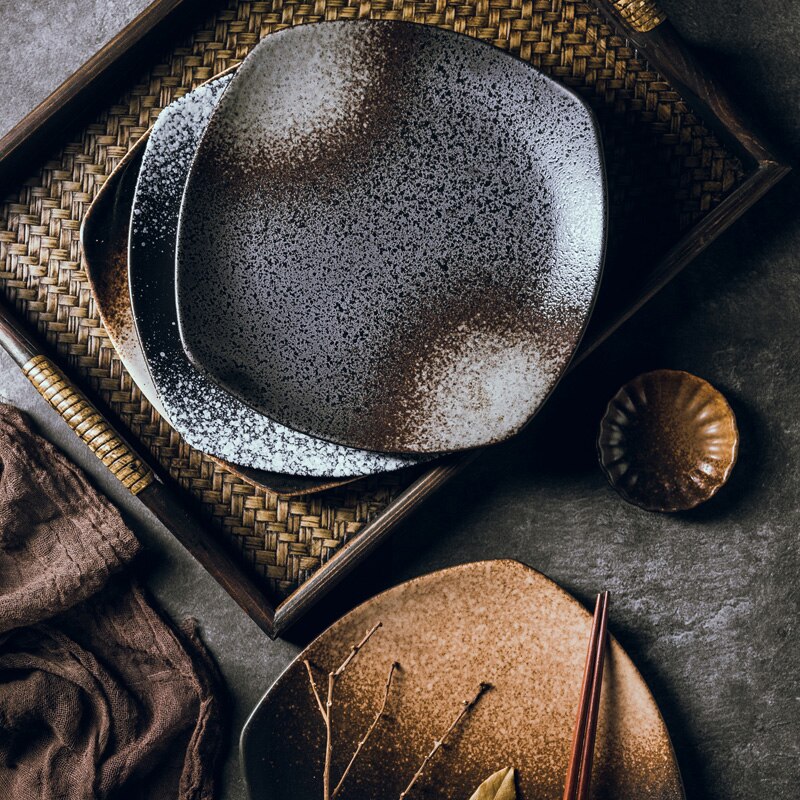 FANCITY Four ceramic plates, color glazed flat plate, dish plate, breakfast plate, personality porcelain plate.