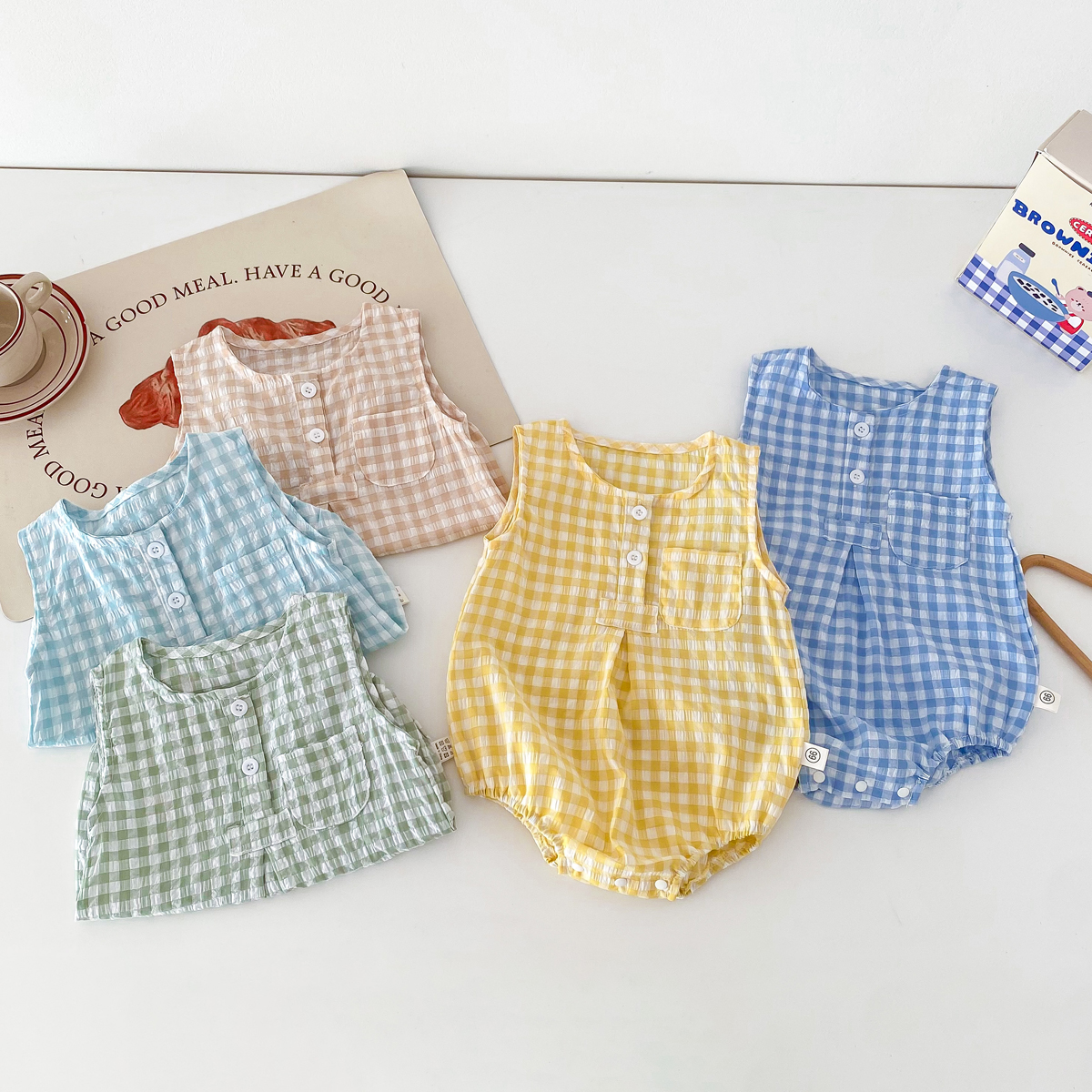Sommer baby piger ærmeløs romper ternet nyfødt baby bodysuit 0-2 år gammel spædbarn jumpsuit