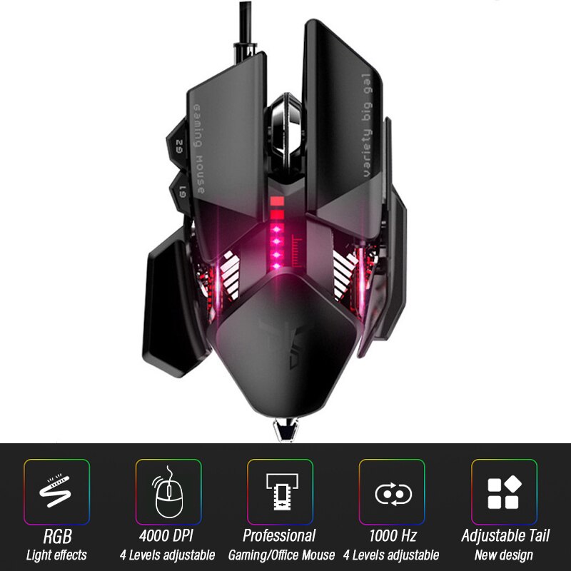 Ergonomische gamingmuis computermuis gamer bekabelde laptop usb-kabel optische muis met verstelbare staart gamer muis 4000 dpi