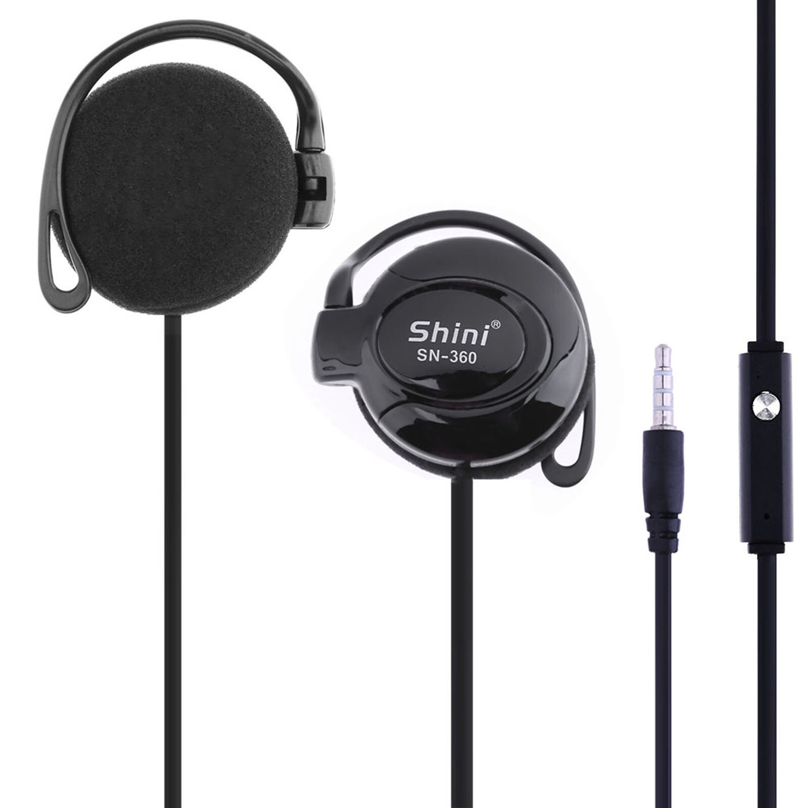 SHINI SN-360 Ear Hook Headsets 3.5mm Wired Stereo Music Earphones Game Sports Headphone with Mic for Smartphone Tablet PC Laptop: Black