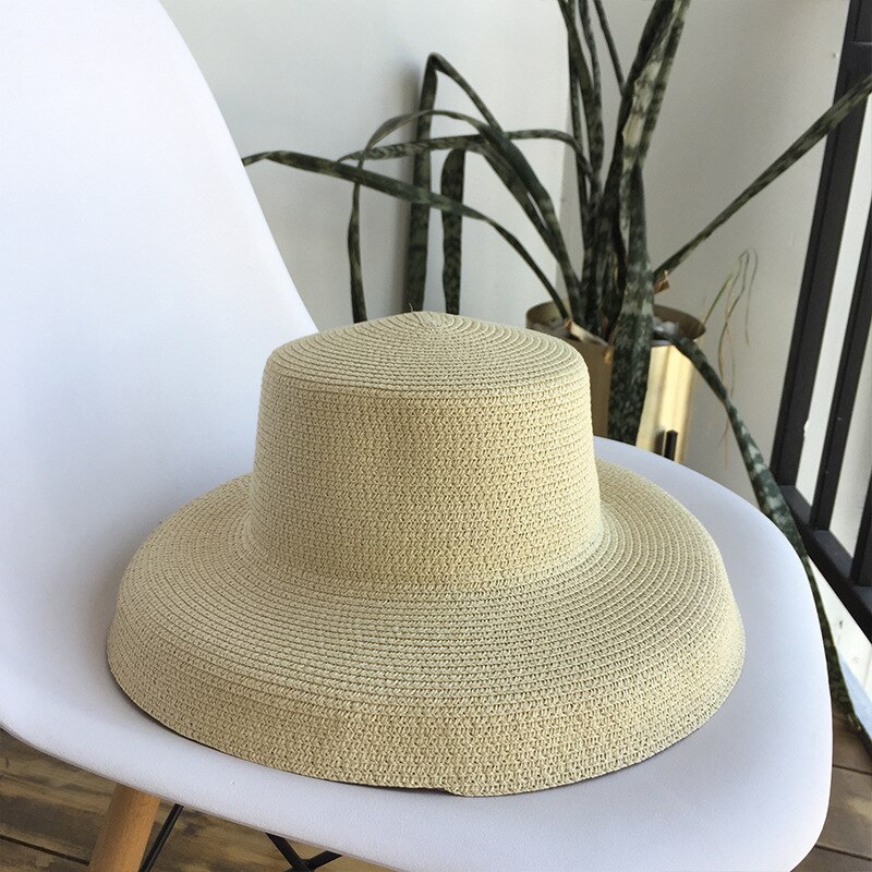 Audrey Hepburn stro hoed gezonken modelling tool bell-vormige grote rand hoed vintage hoge pretend baarheid toeristische strand sfeer: Beige