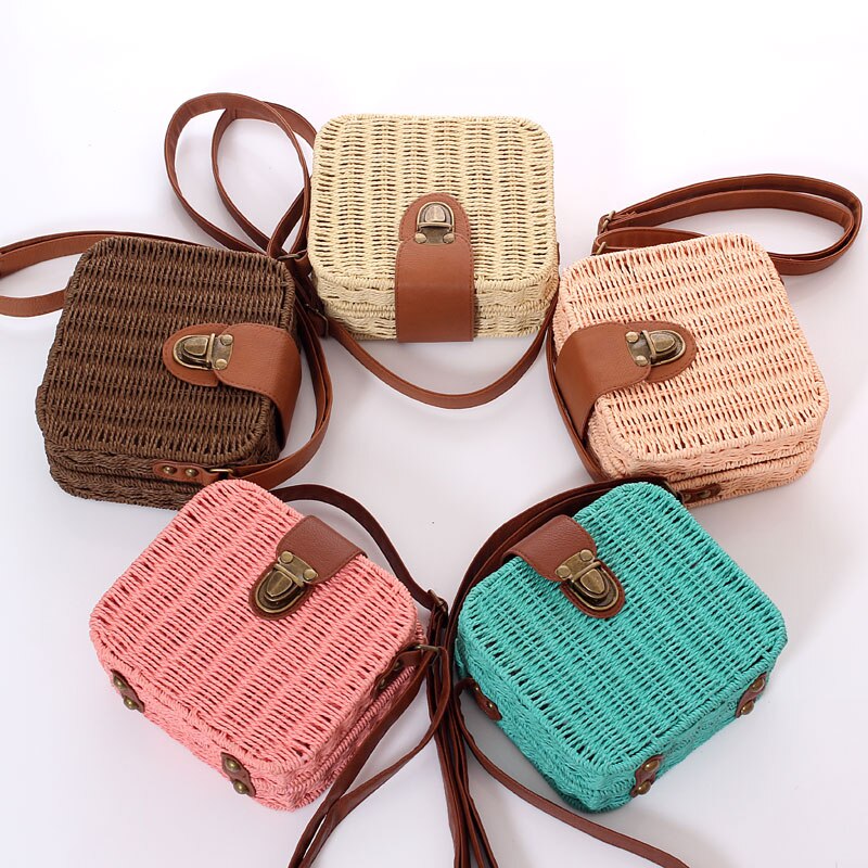 Caja informal de mimbre para mujer, bolso cruzado de mimbre de caramelo tejido para mujer, Bolso pequeño de playa para verano, bolso vintage con solapa bali