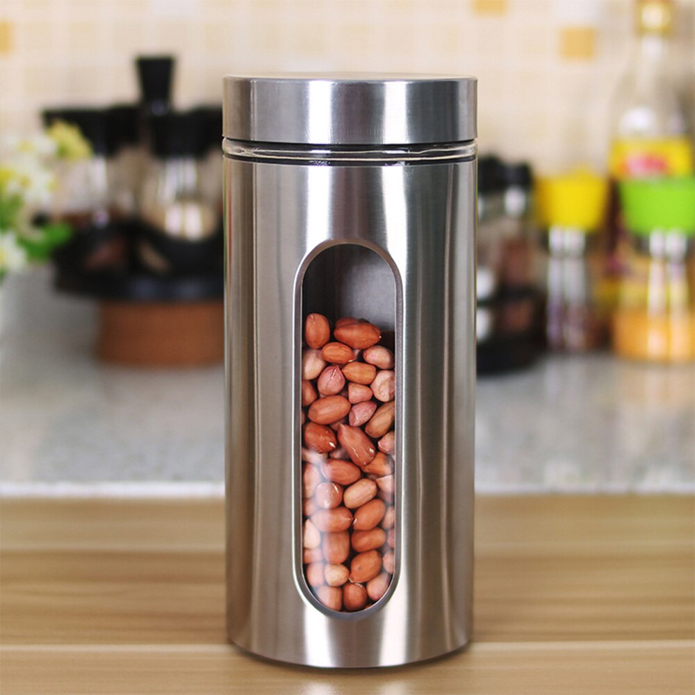 Stainless Steel Storage Tank Kitchen Food Storage Tank Visible Glass Sealed Tank (950ml)