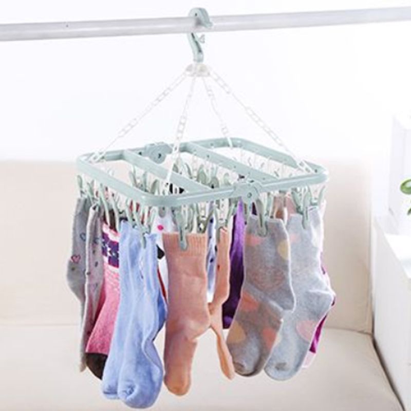Foldable 32 Peg Windproof Clothes Hanger Dryer Washing Line Airer Clothes Underwear Socks Pants Hanger Household Storage