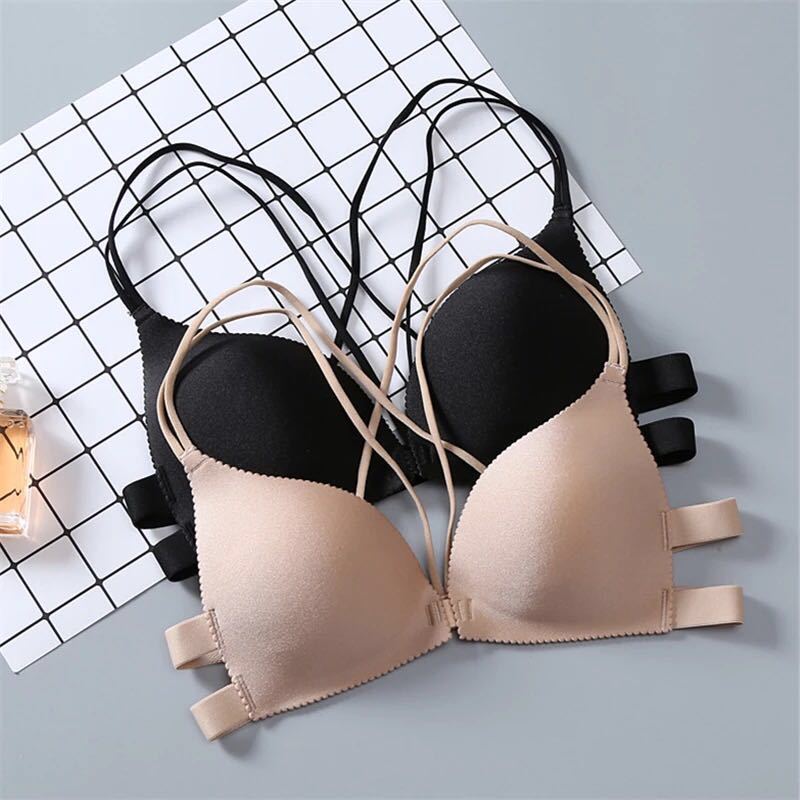 Non Steel Ring Thin Front Button Traceless Women Bras Solid Color Gathered Bra Cross Back Sexy Deep V Smaller Breasts Bras