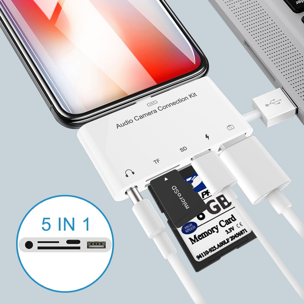 5 in 1 SD TF Card Camera Connection Kits voor Lightning naar USB Camera Reader adapter OTG Kabel Voor iPhone X 6 7 8 Voor Ipad Air