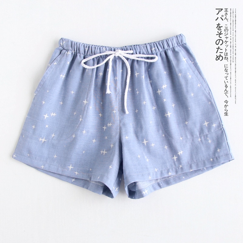 Mignon été fonds de sommeil coton pyjama Shorts femmes cordon pyjama pantalon lâche 8 couleur pyjamas taille élastique B87801: Blue Star / M