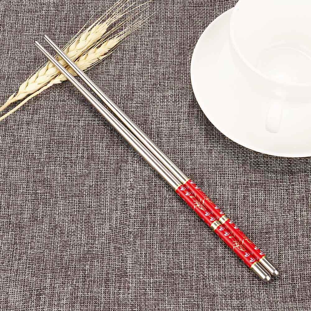 1 Pair Stainless Steel Chopsticks Patterns Food Sticks Portable Reusable Chopstick Sushi Length White Flower Pattern