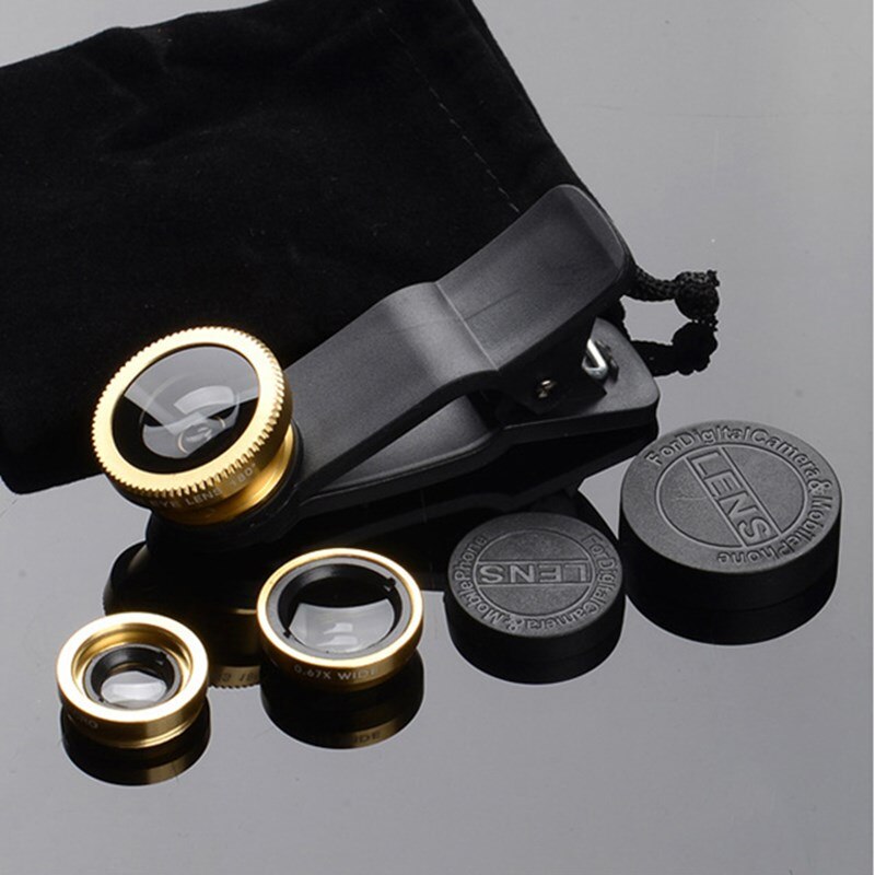 Macro Fisheye Groothoek Lens Camera Kits Met Clip Op Voor Iphone Samsung Xiaomi Huawei Mobiele Telefoon Lenese Fish Eye zoom Lentes: Gold