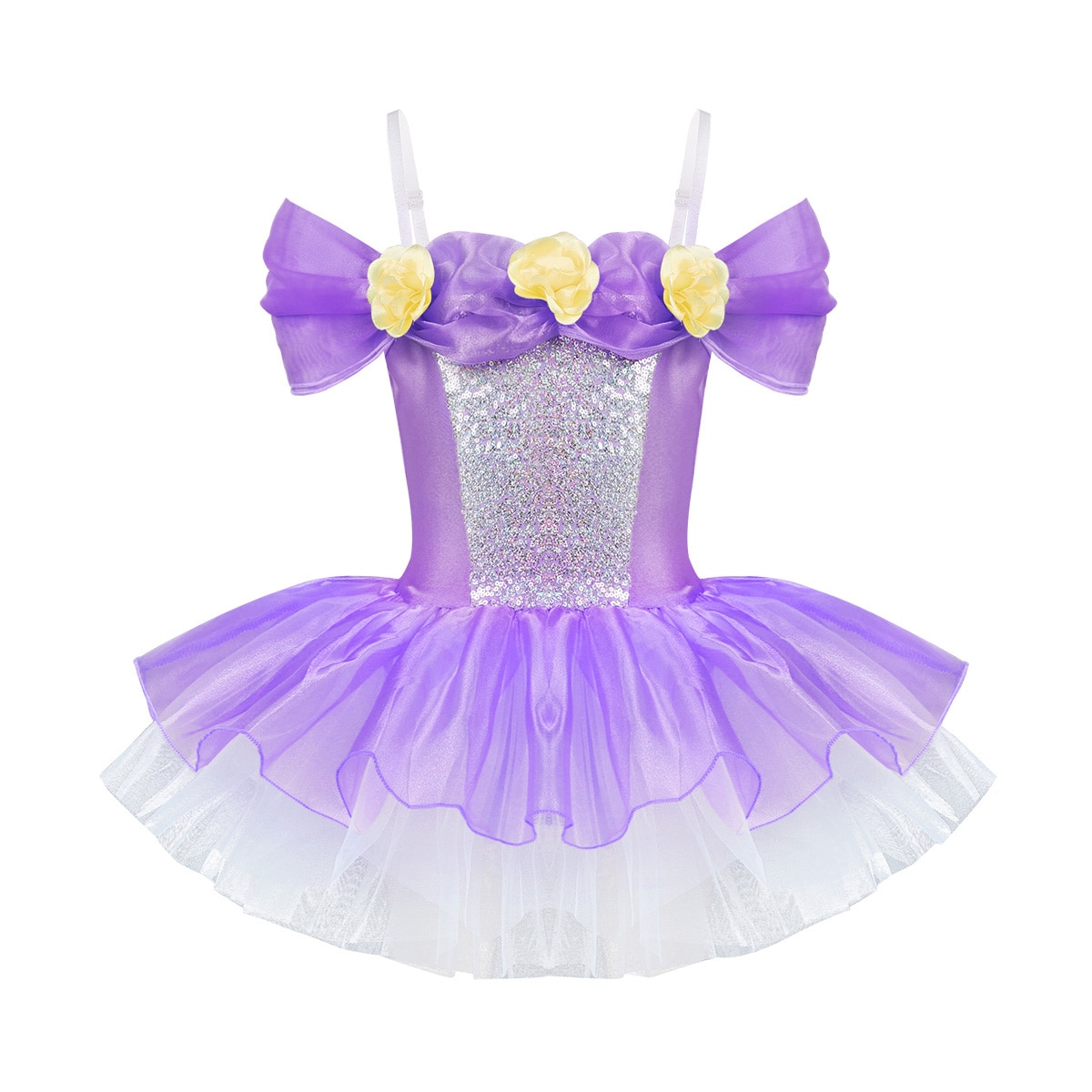 Iiniim-ballerine pour enfants, bretelles épaules dénudées, fleurs 3D, Ballet, danse, gymnastique, justaucorps, robe Tutu: Lavender / M