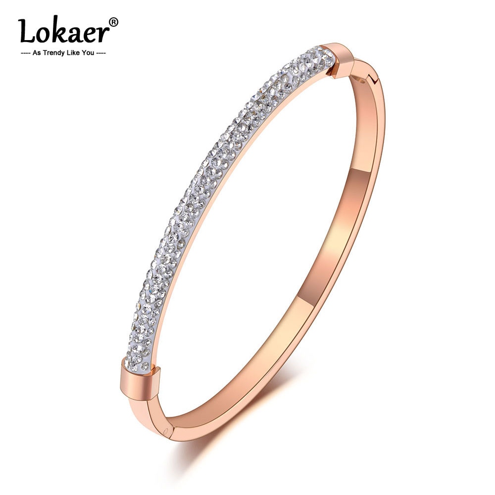 Lokaer Frizzante Pieno di Argilla di Cristallo In Acciaio Inox Bracciali Braccialetti Per Le Donne Ragazze In Oro Rosa Del Polsino Dei Monili Del Braccialetto B19065