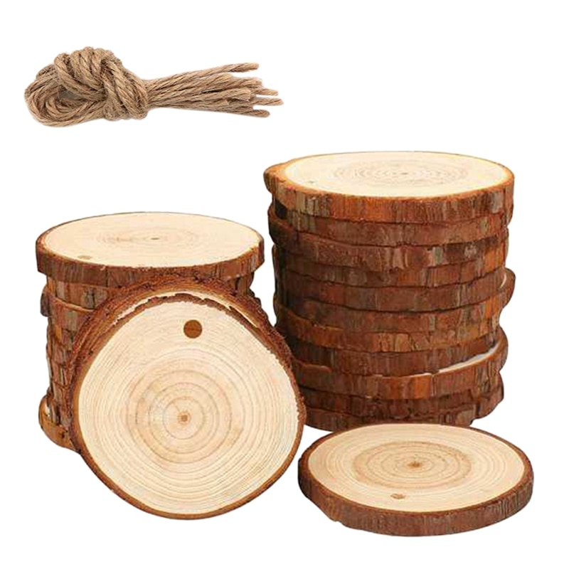 50 stk naturlige træskiver håndværkssæt ufærdig forboret med hulcirkler, perfekt til kunst og kunsthåndværk jul