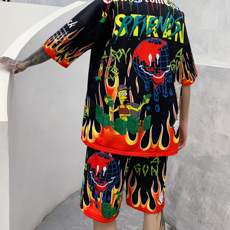 Aolamegs Shorts hommes dessin animé flamme Graffiti imprimer plage genou longueur Shorts Hip Hop Bermuda Style taille élastique haute rue été
