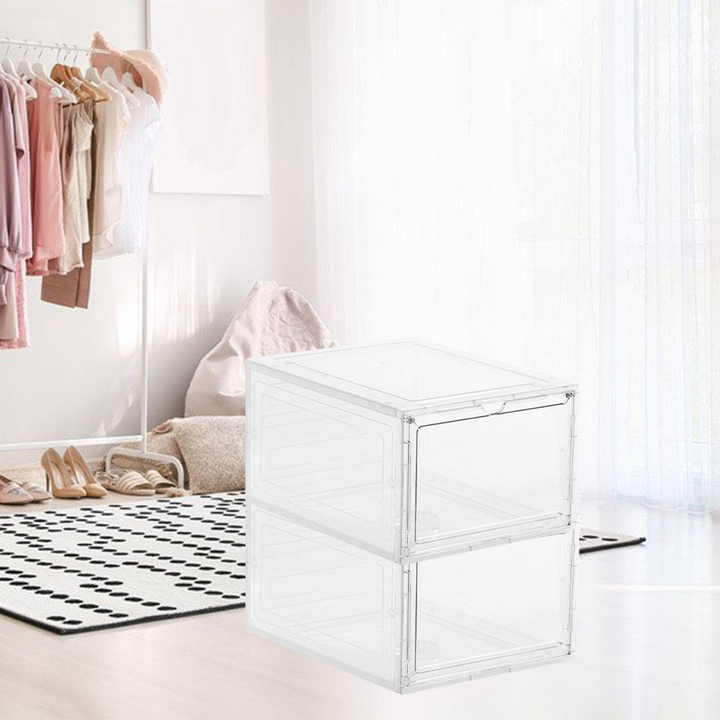 2pcs Shoe Box Shoe Storage Stackable Organizer Magnetic Closure Sneaker High-top Shoes Clear Panel for Closet Dorm Case: Transparent