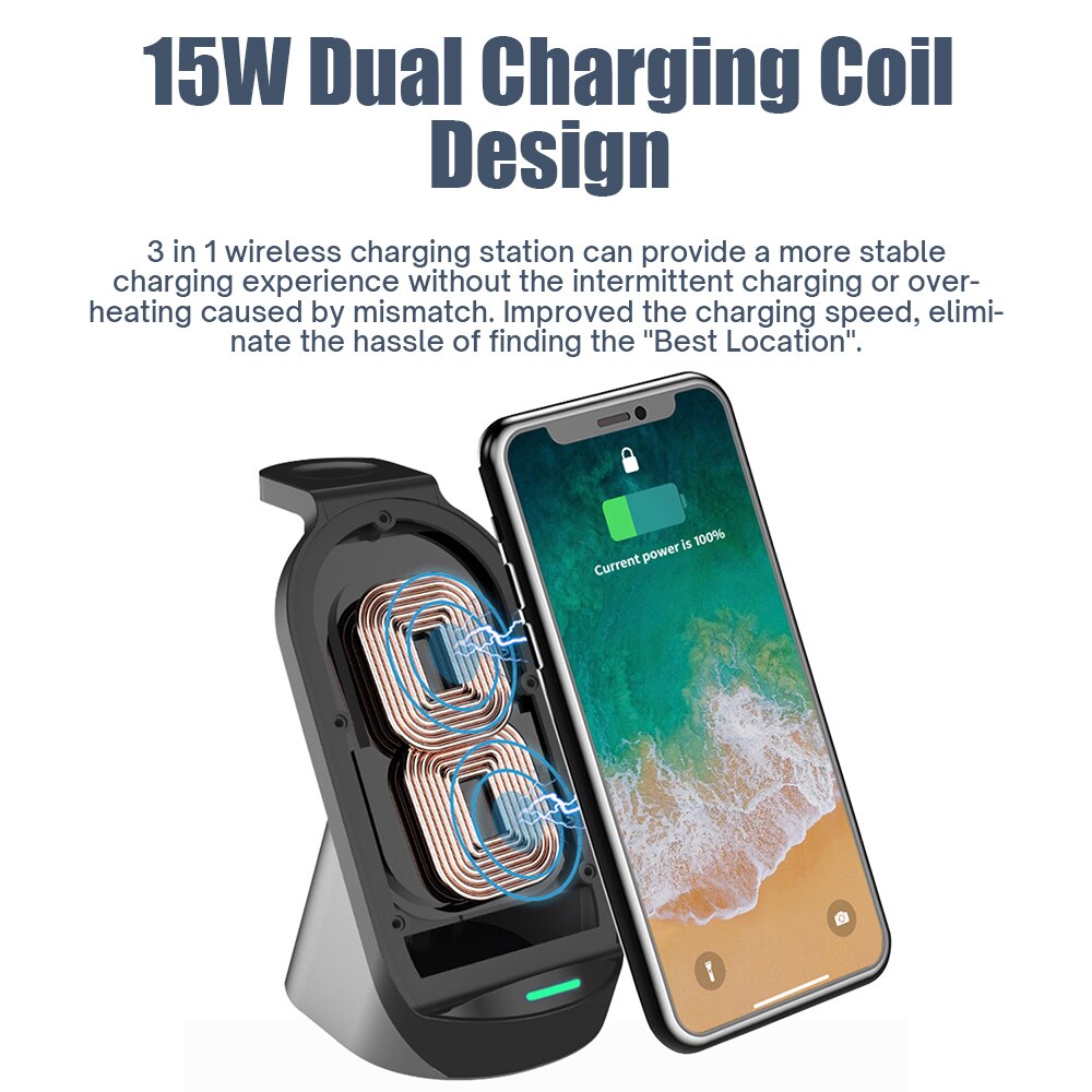 3 in 1 15w Qi Quick Wireless Charger Stand Dock For Apple Watch AirPods iPhone Samsung Xiaomi Phone Fast Induction Charging