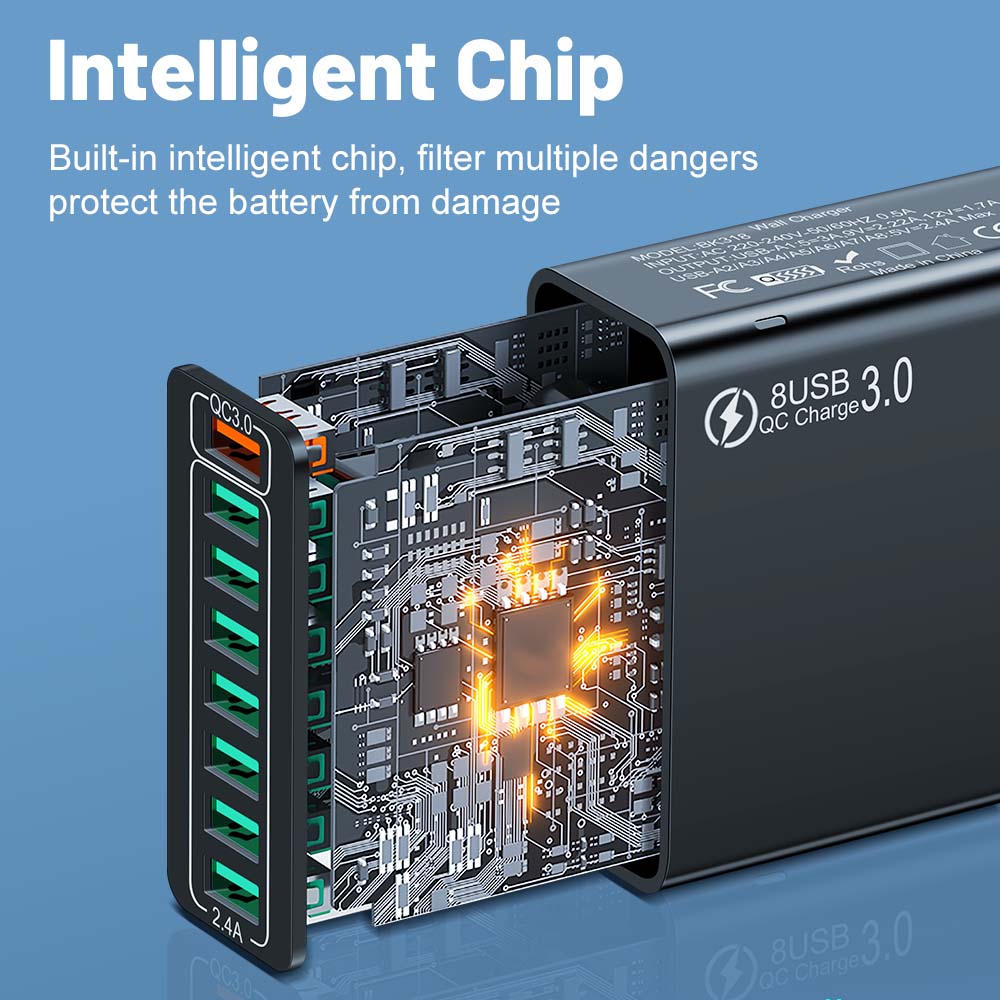 Total 100W 8 Ports charge rapide USB chargeur mural QC3.0 adaptateur de téléphone Portable Portable pour iPhone Huawei Samsung Xiaomi
