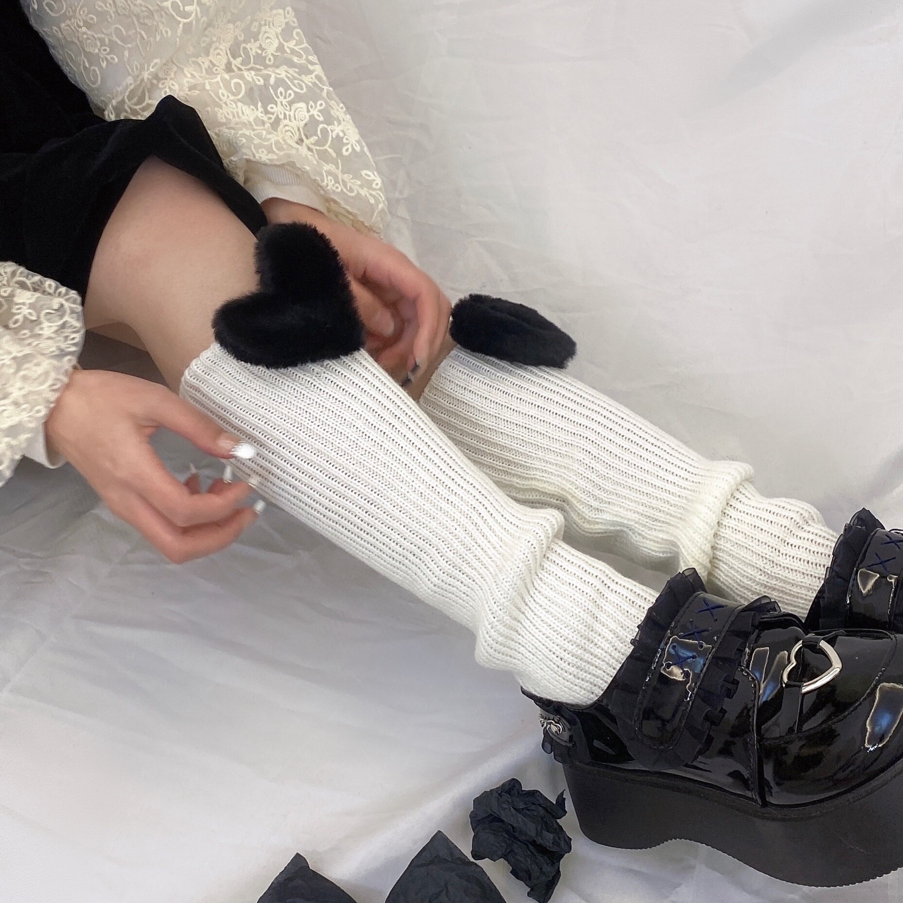 Ydémo – cuissardes chaudes pour femmes, bottes tricotées, chaussettes fines, couvre-jambes, style Harajuku, collection printemps et hiver: WHITE