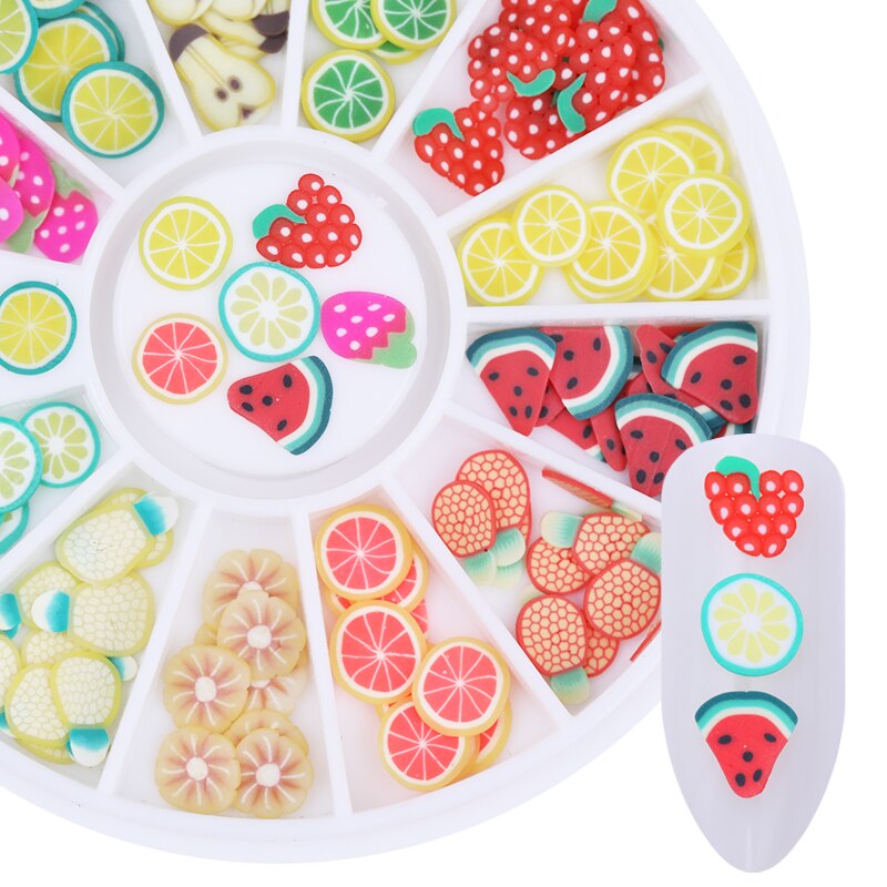 Décoration pour les ongles fruits 3D, 12 motifs/boîte, joli pastèque, Orange et fraise, coloré et brillant
