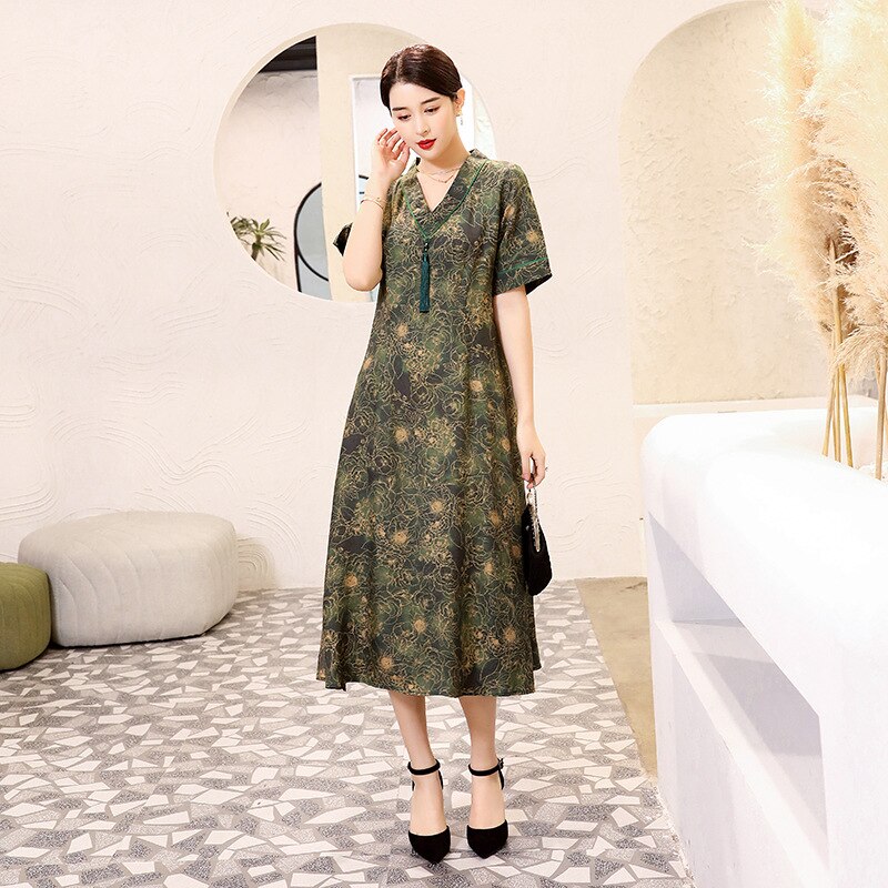 Vestido chino Cheongsam de mujer impresión moderna de manga corta Vestidos Midi señoras Ropa de talla grande 4XL Vestidos Chinos: 3 / M